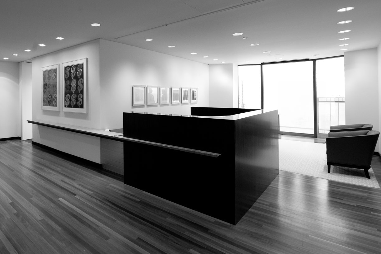 black and white photo of office interior